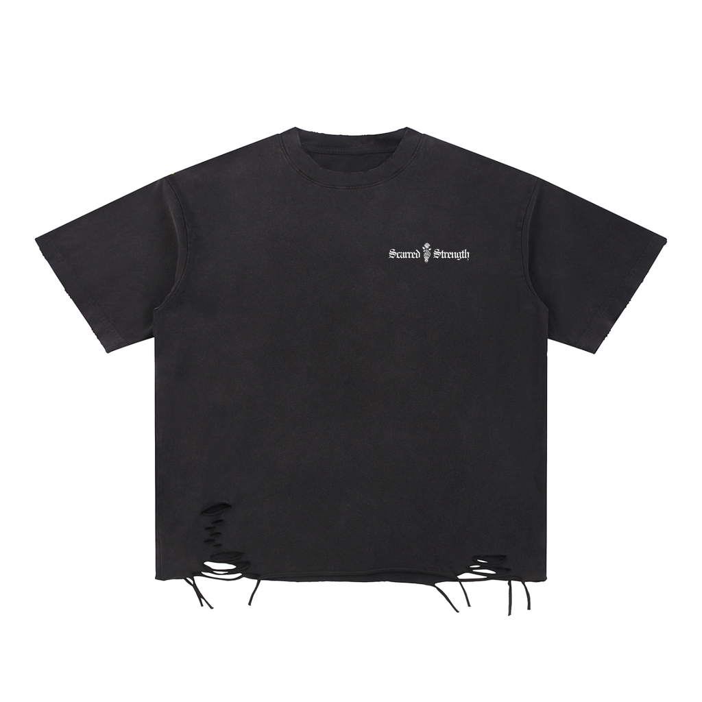 "NOT BROKEN. JUST SCARRED." RAW-HEM T SHIRT