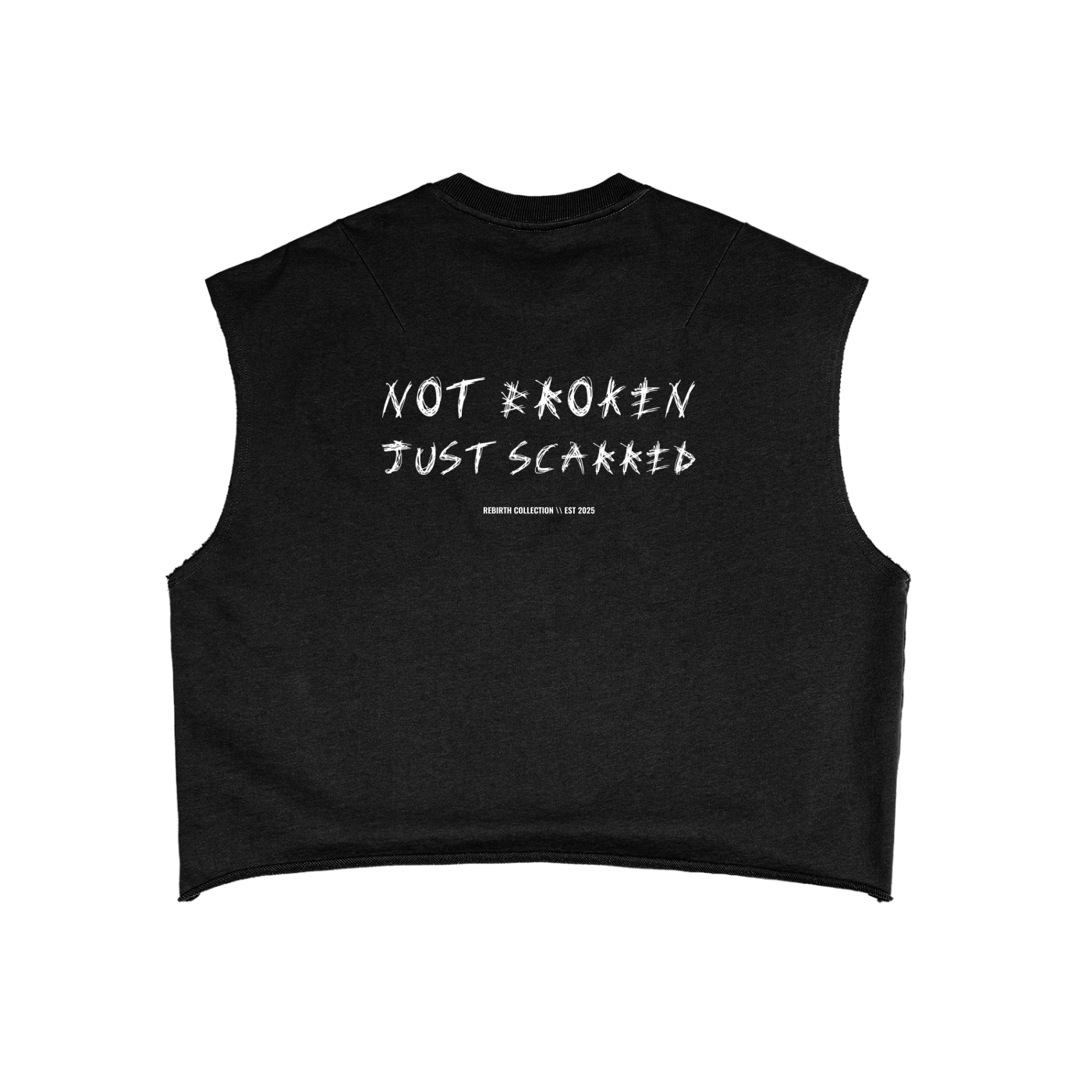 Black sleeveless shirt with white text on a white background